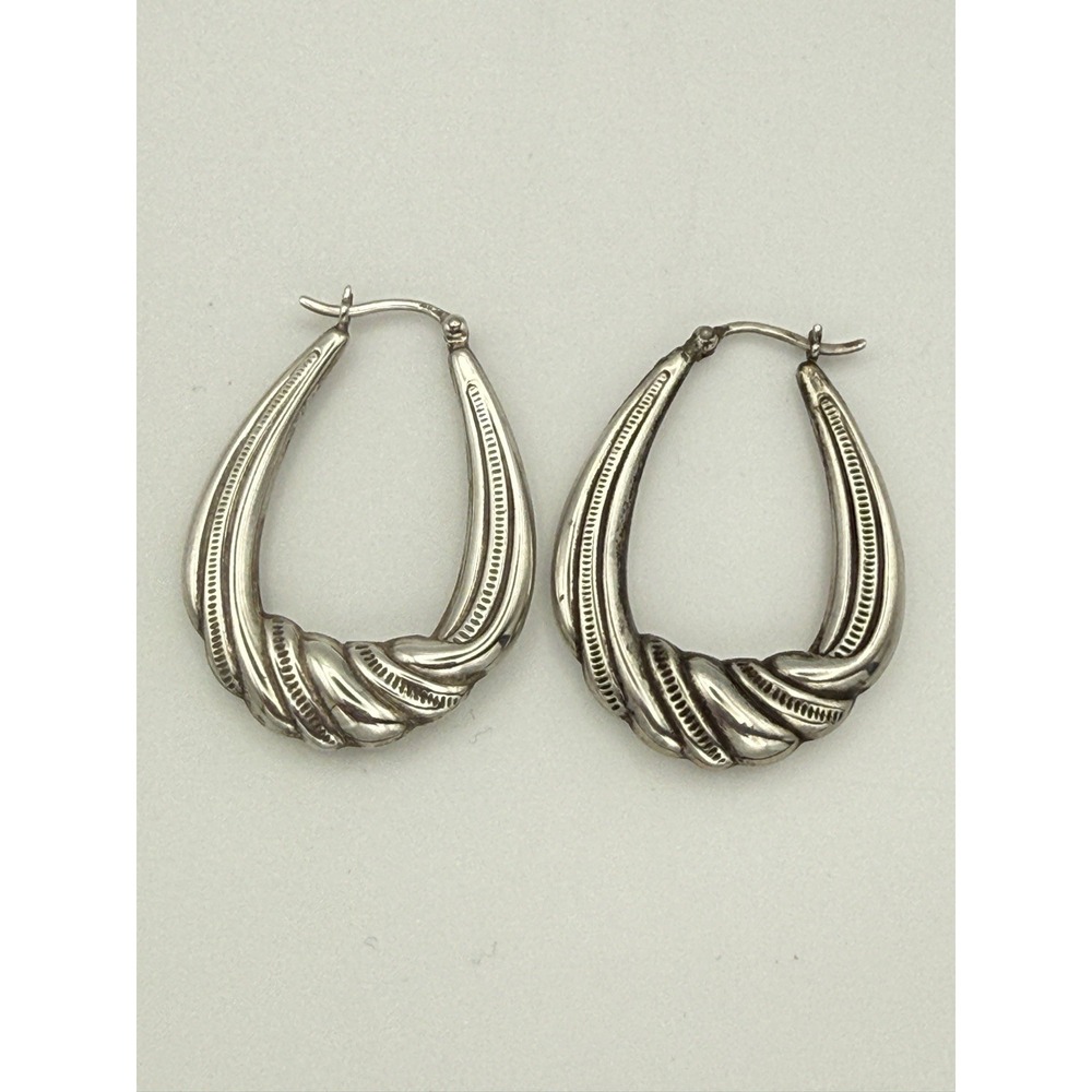 925 Sterling Silver Twisted Hoop Earrings Teardrop Ribbed Latch Back - Picture 7 of 8